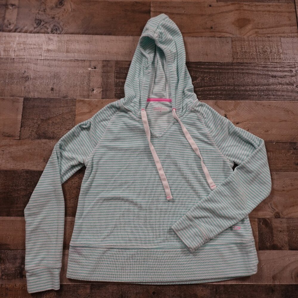 Vineyard Vines terry‎ towel hoodie women's small white aqua stripes